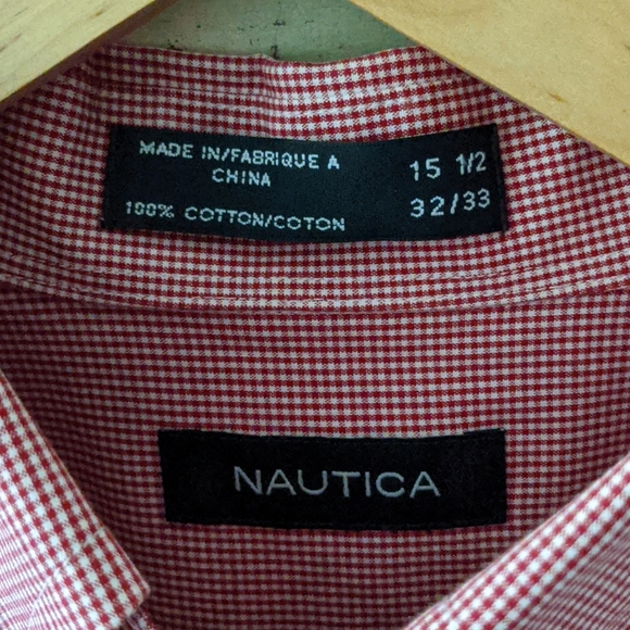 NAUTICA I Red Cotton Mini-Check Button-Down Dress Shirt, 15.5-32/33 - Picture 4 of 12